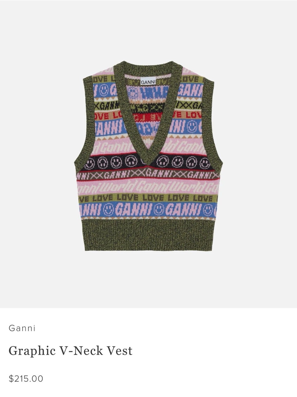 Like New Ganni Olive, Pink & Blue Patterned V-Neck Sweater Vest - Size XS